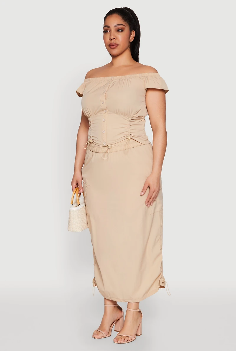 Womens Plus Size Nylon Drawstring Off the Shoulder Top, Beige, Size 1X