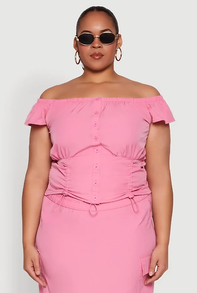 Womens Plus Size Nylon Drawstring Off the Shoulder Top, Pink, Size 2X