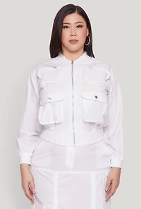 Womens Plus Size Cargo Pocket Windbreaker Bomber Jacket, White, Size 2X