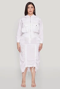 Womens Plus Size Cargo Pocket Windbreaker Bomber Jacket, White, Size 2X