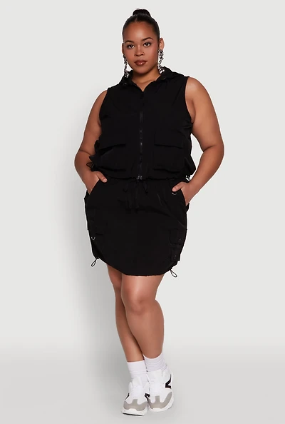 Womens Plus Size Drawstring Waist Cargo Skirt, Black, Size 2X