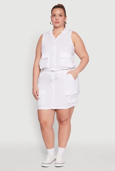 Womens Plus Size Drawstring Waist Cargo Skirt, White, Size 1X