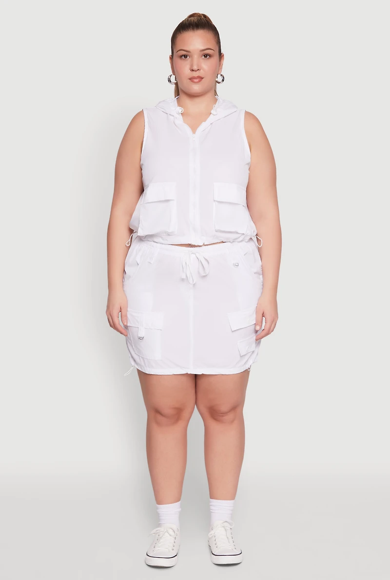 Womens Plus Size Drawstring Waist Cargo Skirt, White, Size 1X
