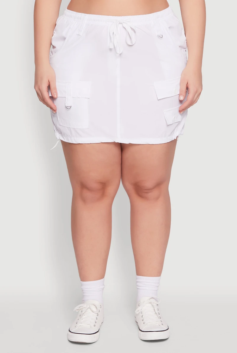 Womens Plus Size Drawstring Waist Cargo Skirt, White, Size 1X