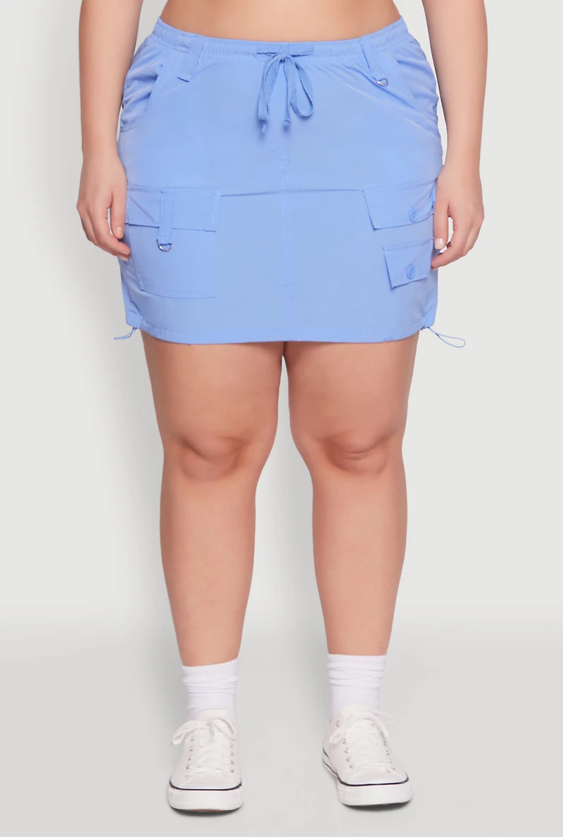 Womens Plus Size Drawstring Waist Cargo Skirt, Blue, Size 2X