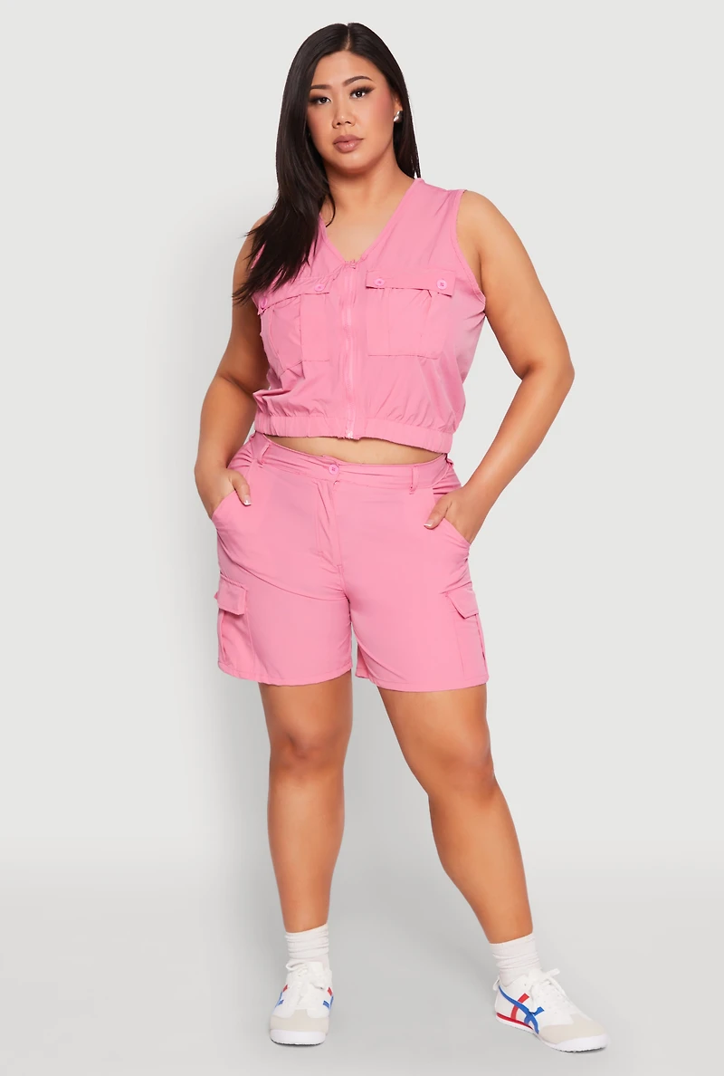 Womens Plus Size Nylon Cargo Shorts, Pink, Size 3X