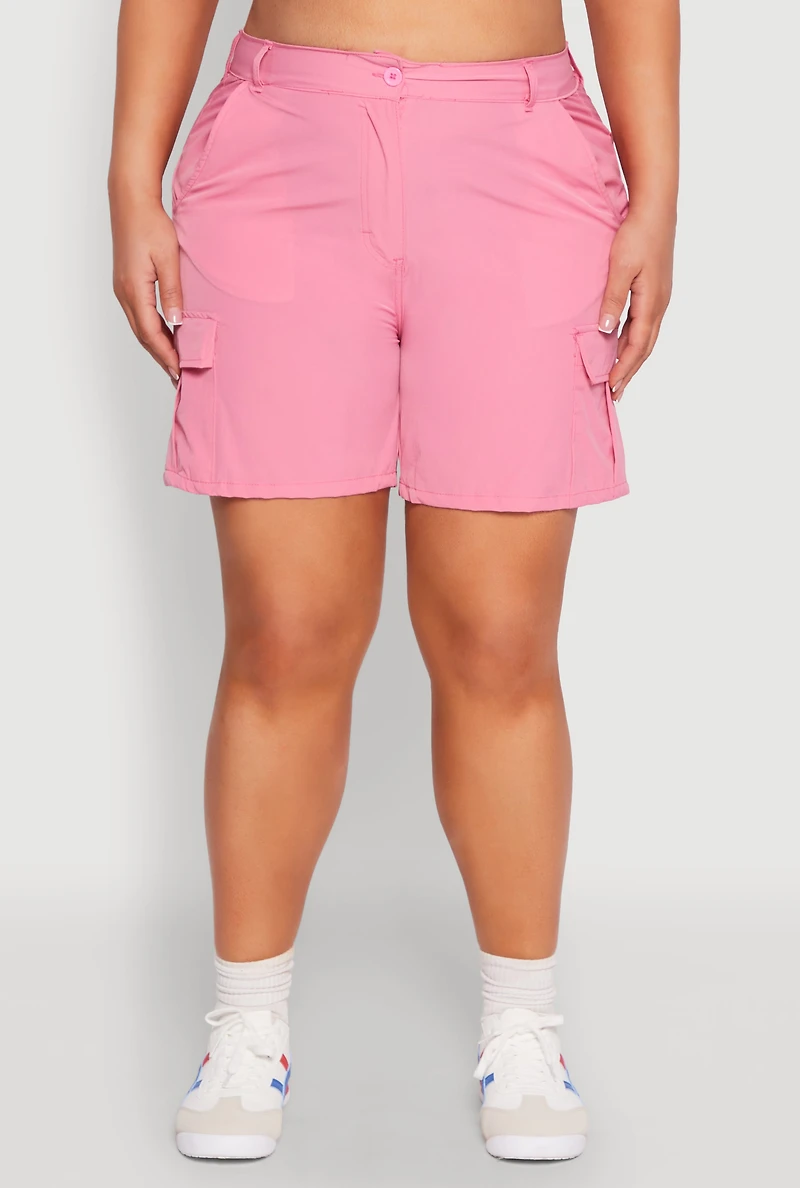 Womens Plus Size Nylon Cargo Shorts, Pink, Size 3X