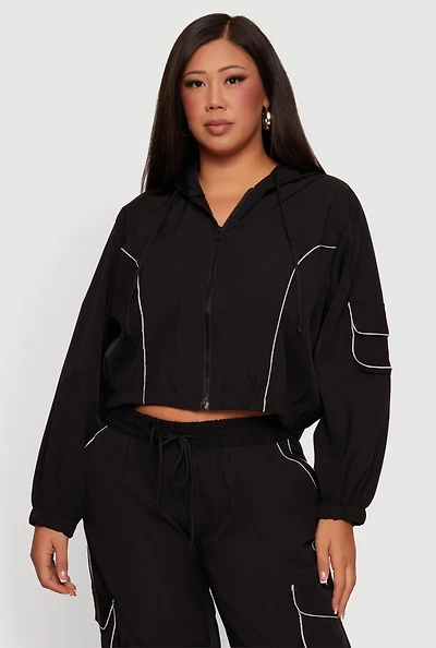 Plus Cropped Contrast Piping Zip Front Hoodie