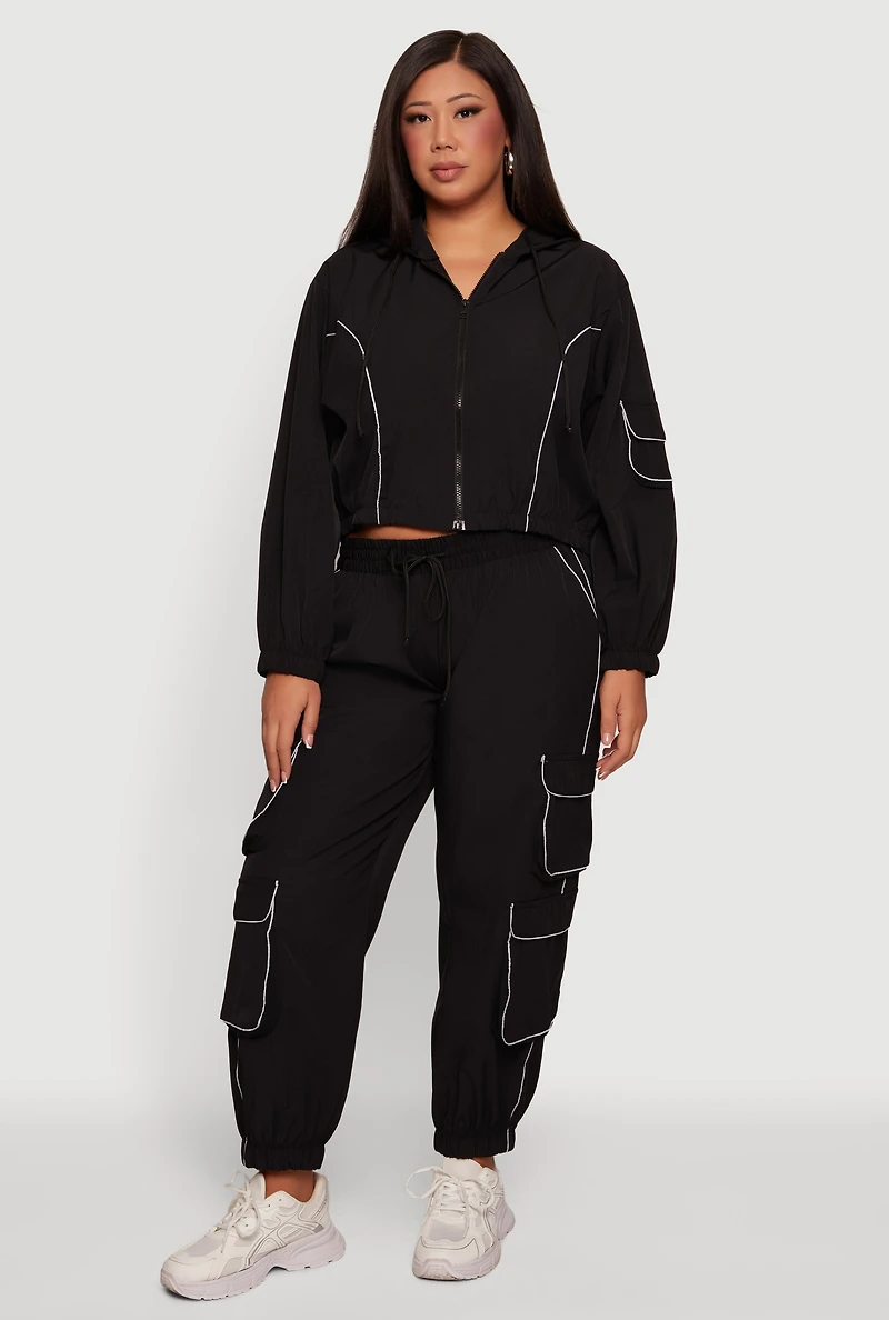 Plus Cropped Contrast Piping Zip Front Hoodie