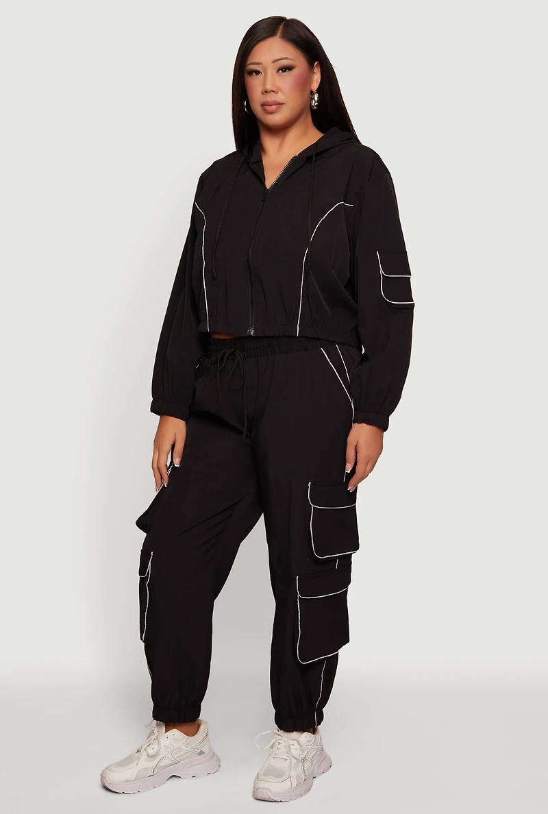 Plus Cropped Contrast Piping Zip Front Hoodie