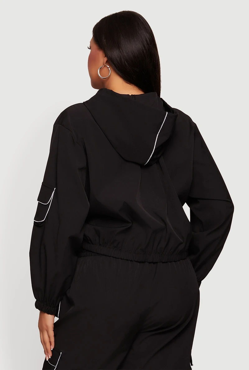 Plus Cropped Contrast Piping Zip Front Hoodie