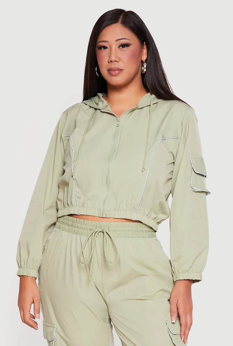 Plus Cropped Contrast Piping Zip Front Hoodie