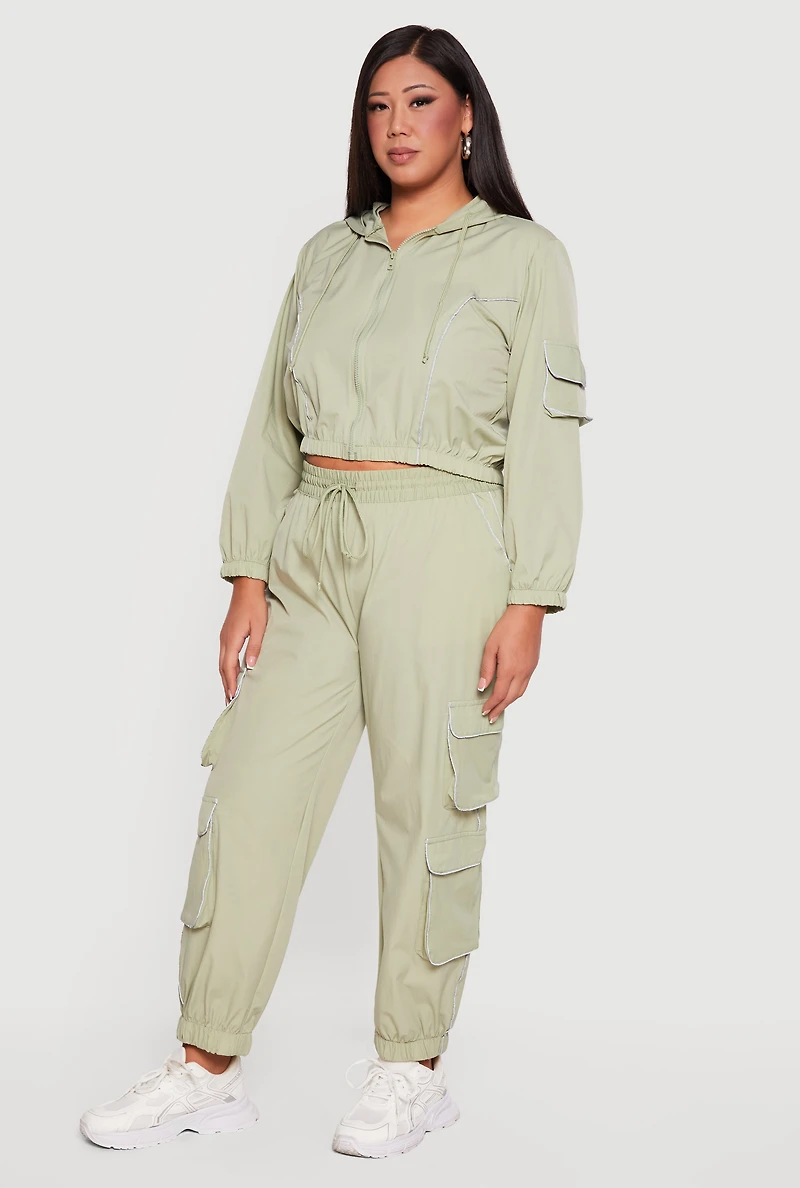 Plus Cropped Contrast Piping Zip Front Hoodie