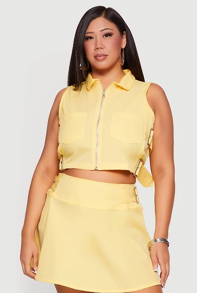 Plus Side Buckle Detail Zip Front Vest