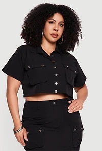 Plus Nylon Button Front Cropped Shirt