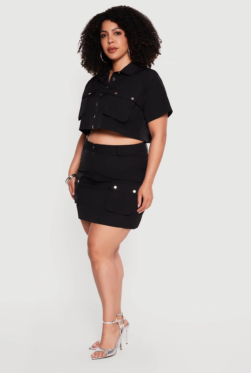 Plus Nylon Button Front Cropped Shirt
