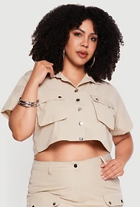 Plus Nylon Button Front Cropped Shirt