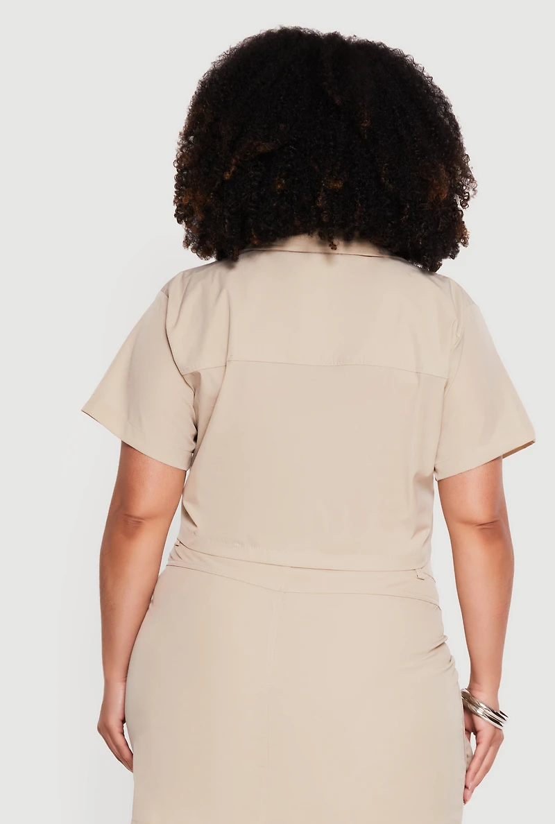 Plus Nylon Button Front Cropped Shirt