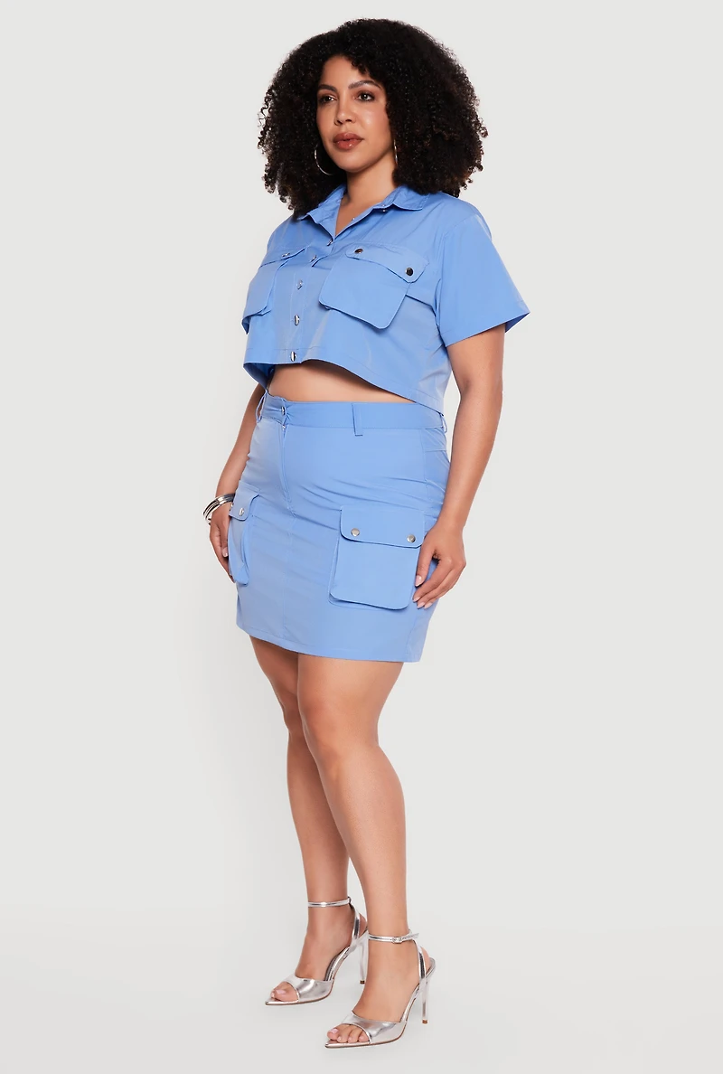 Plus Nylon Button Front Cropped Shirt