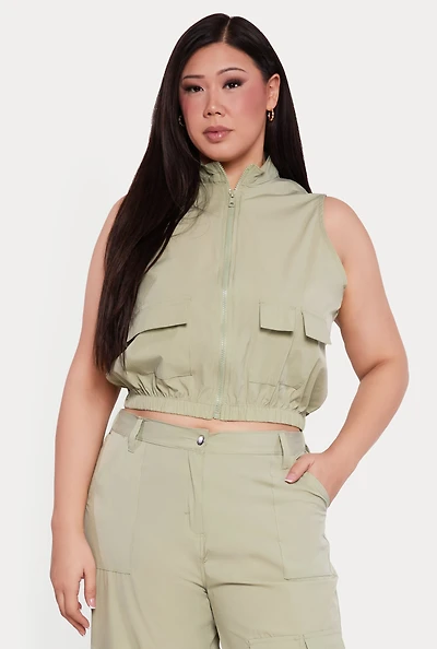 Plus Nylon Cropped Zip Front Windbreaker Vest
