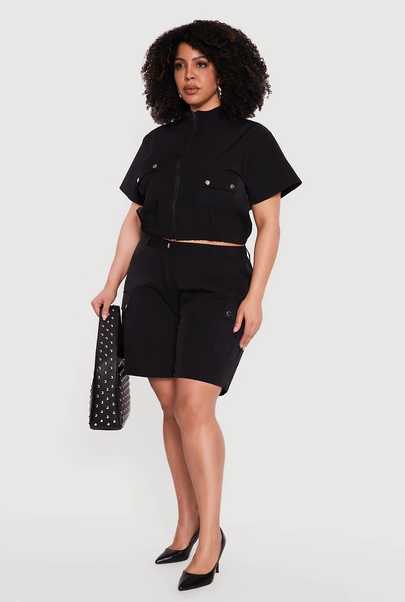 Plus Zip Front Mock Neck Cargo Pocket Top