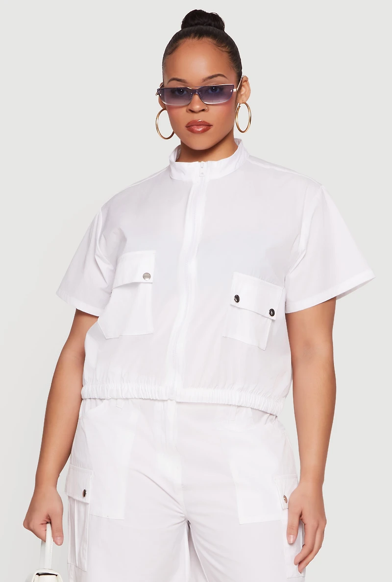 Plus Zip Front Mock Neck Cargo Pocket Top