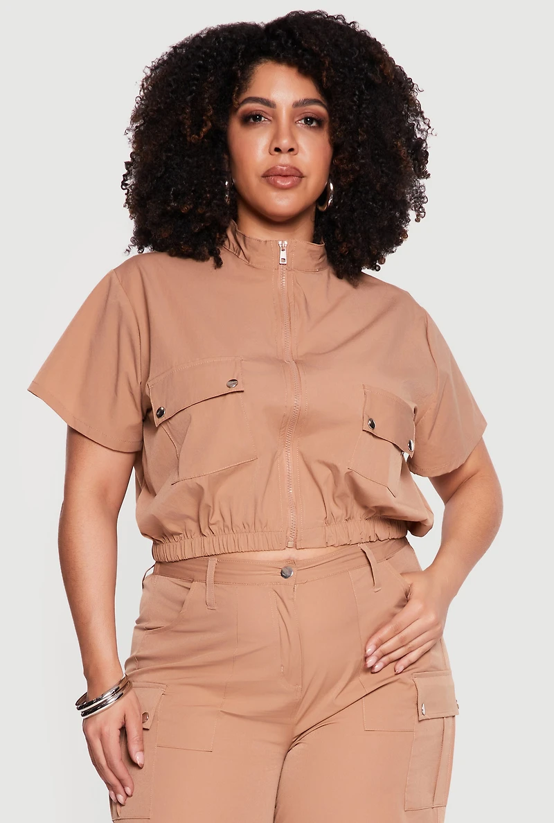 Plus Zip Front Mock Neck Cargo Pocket Top
