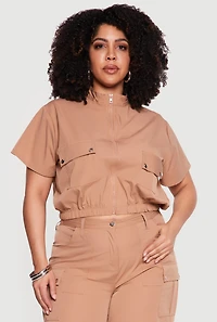 Plus Zip Front Mock Neck Cargo Pocket Top