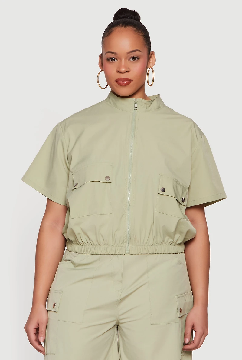 Plus Zip Front Mock Neck Cargo Pocket Top