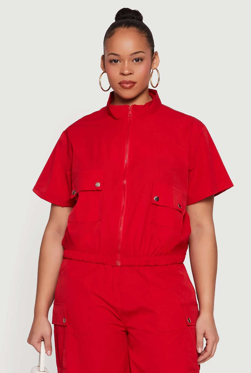 Plus Zip Front Mock Neck Cargo Pocket Top