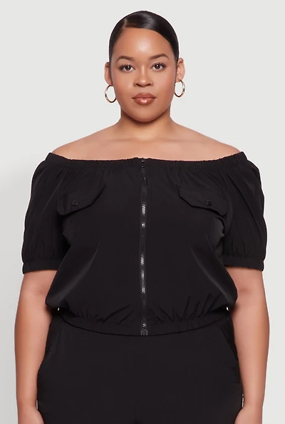 Womens Plus Size Off The Shoulder Zip Front Crop Top, Black, Size 2X