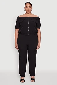 Womens Plus Size Off The Shoulder Zip Front Crop Top, Black, Size 2X