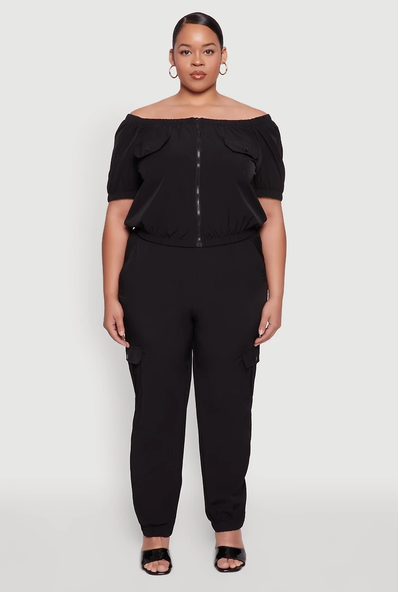 Womens Plus Off The Shoulder Zip Front Crop Top, Black,
