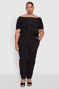 Womens Plus Off The Shoulder Zip Front Crop Top, Black,