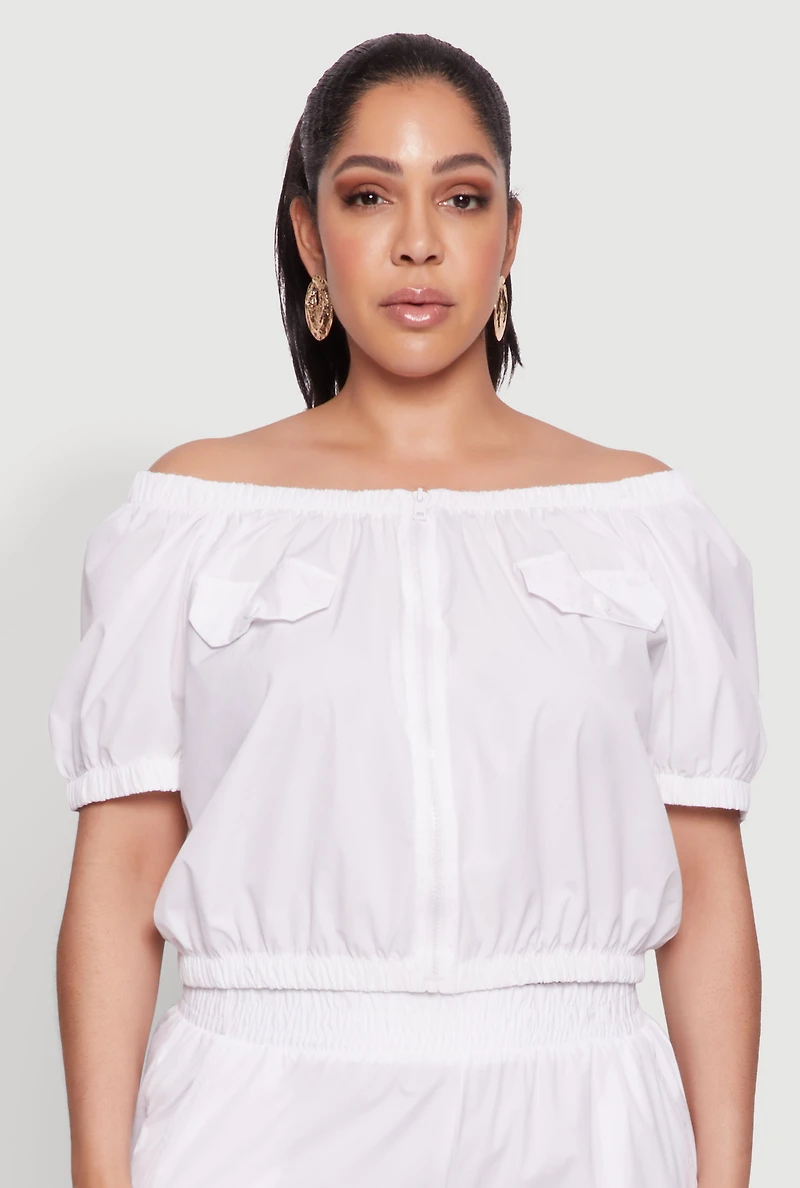 Womens Plus Size Off The Shoulder Zip Front Crop Top, White, Size 2X