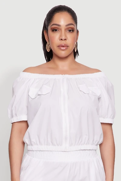 Womens Plus Size Off The Shoulder Zip Front Crop Top, White, Size 2X
