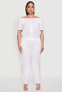 Womens Plus Size Off The Shoulder Zip Front Crop Top, White, Size 2X