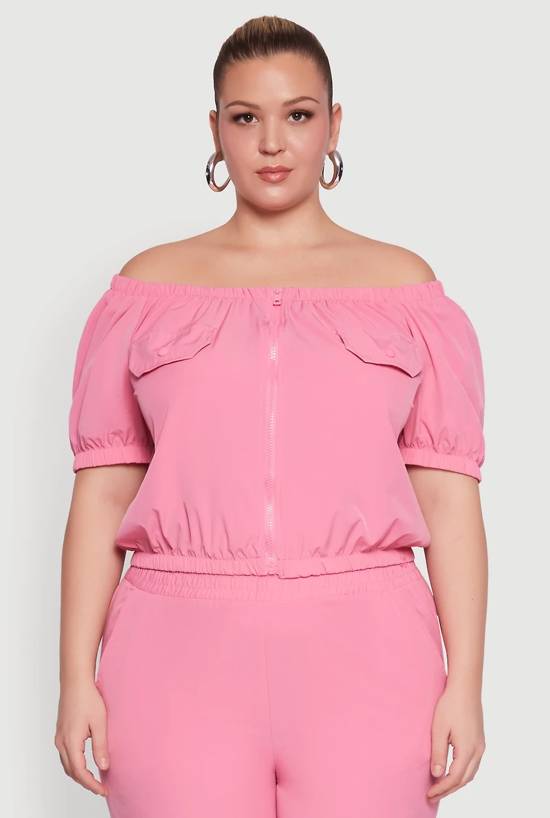 Womens Plus Off The Shoulder Zip Front Crop Top, Pink,