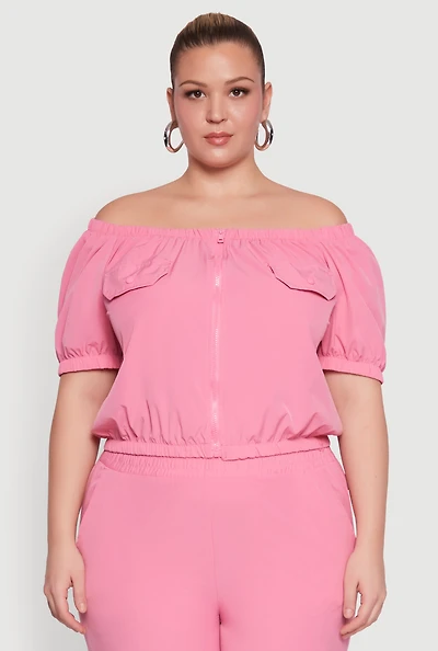 Womens Plus Off The Shoulder Zip Front Crop Top, Pink,