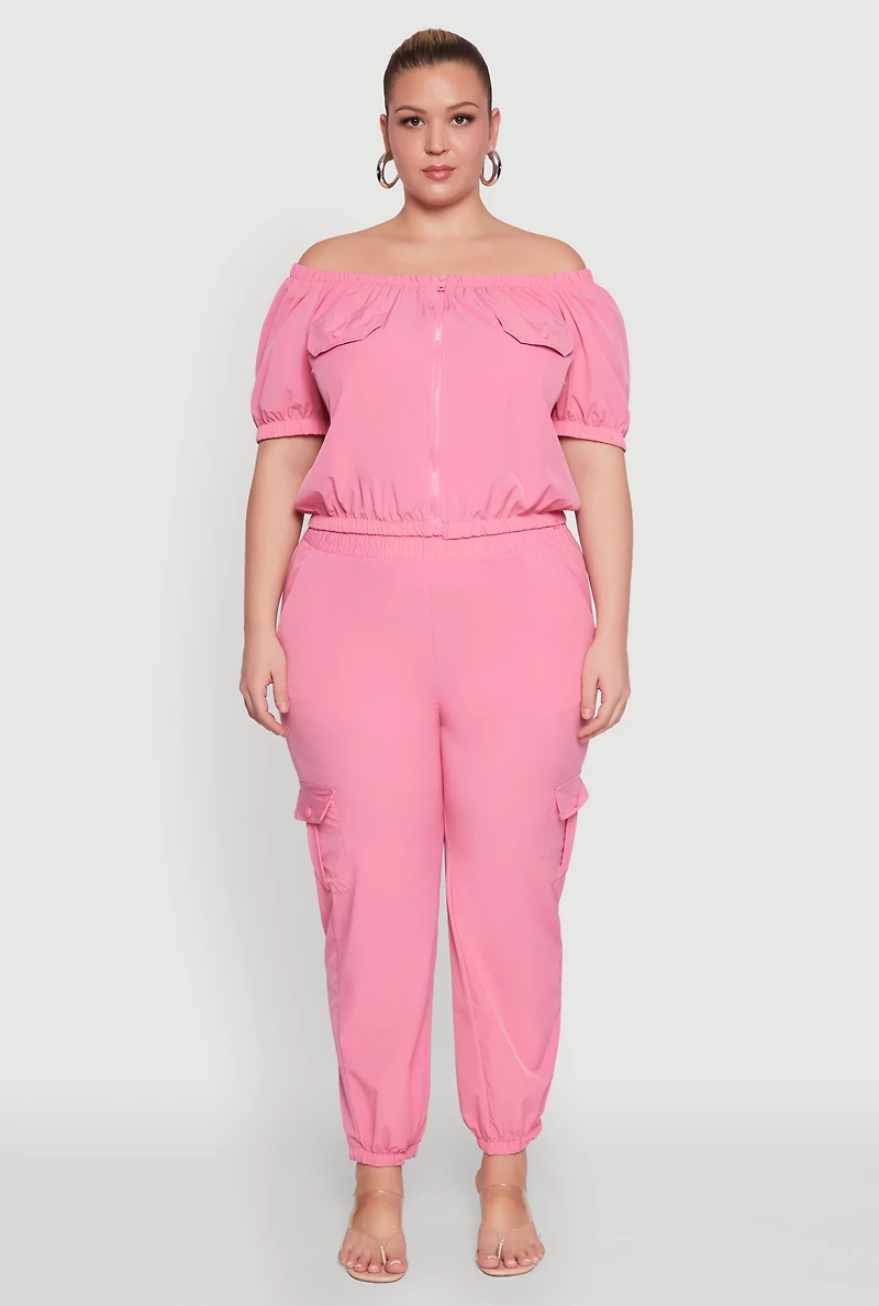 Womens Plus Off The Shoulder Zip Front Crop Top, Pink,