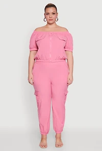 Womens Plus Off The Shoulder Zip Front Crop Top, Pink,