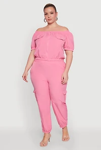 Womens Plus Off The Shoulder Zip Front Crop Top, Pink,