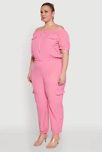 Womens Plus Off The Shoulder Zip Front Crop Top, Pink,
