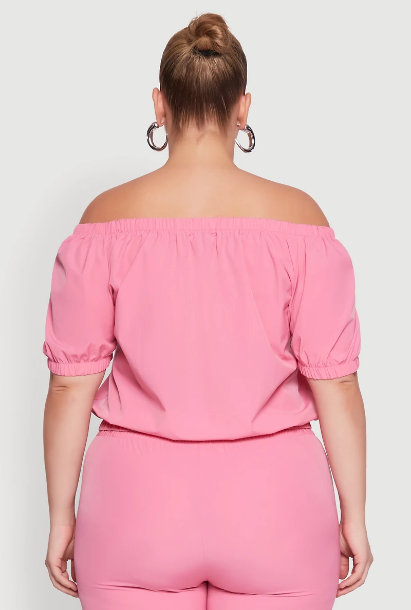 Womens Plus Off The Shoulder Zip Front Crop Top, Pink,