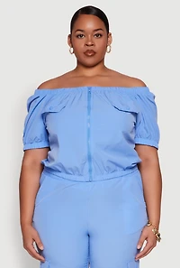 Womens Plus Size Off The Shoulder Zip Front Crop Top, Blue, Size 1X