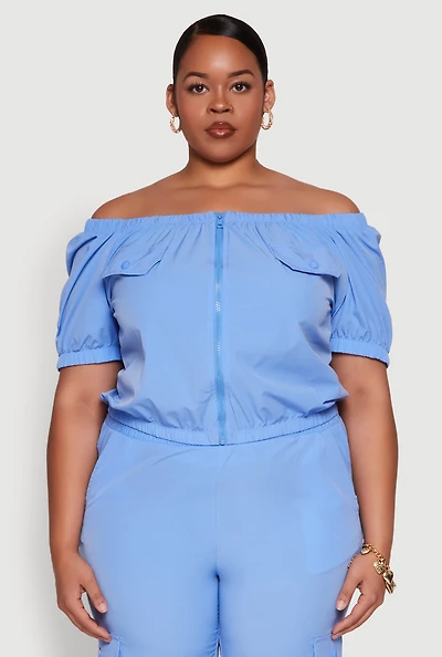 Womens Plus Size Off The Shoulder Zip Front Crop Top, Blue, Size 1X