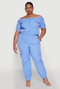 Womens Plus Size Off The Shoulder Zip Front Crop Top, Blue, Size 1X