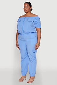 Womens Plus Size Off The Shoulder Zip Front Crop Top, Blue, Size 1X