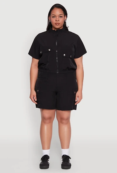 Womens Plus Size Nylon High Waist Cargo Shorts, Black, Size 2X