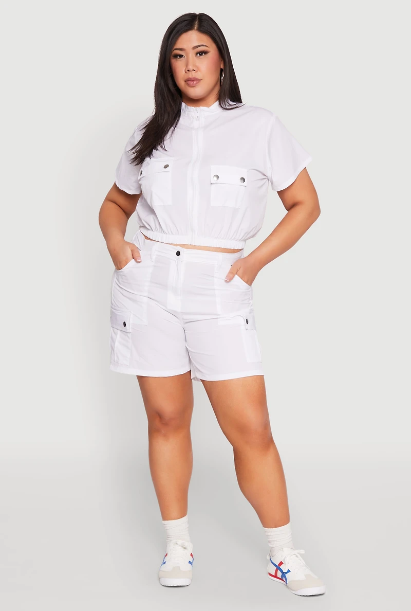 Plus Nylon High Waist Cargo Shorts